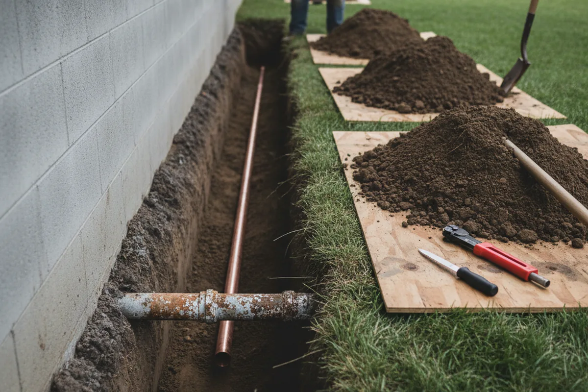 Excavated water line trench during Water Heater Repair in Madison